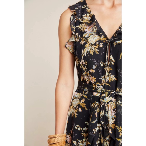 ✨NWT✨ PAIGE Tia Silk Ruffle Sleeveless Floral Dress Black Multi Sz Large - Picture 3 of 8